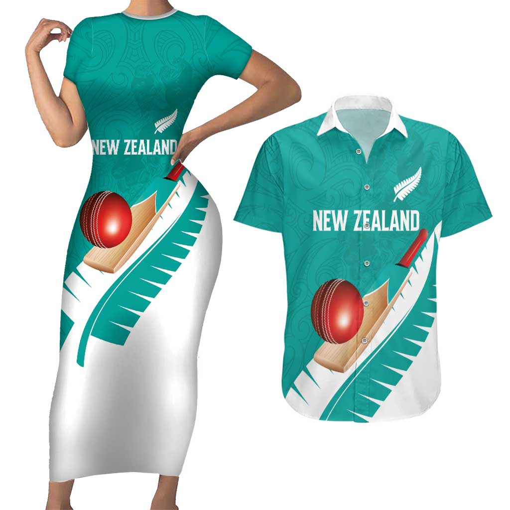 Custom New Zealand Cricket Couples Matching Short Sleeve Bodycon Dress and Hawaiian Shirt Kiwi Birds Haka Dance Turquoise Fern Sporty Style LT03 Turquoise - Polynesian Pride