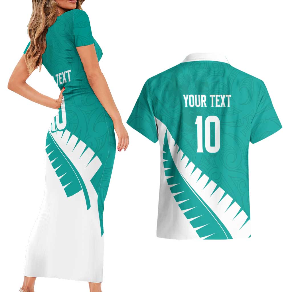Custom New Zealand Cricket Couples Matching Short Sleeve Bodycon Dress and Hawaiian Shirt Kiwi Birds Haka Dance Turquoise Fern Sporty Style LT03 - Polynesian Pride