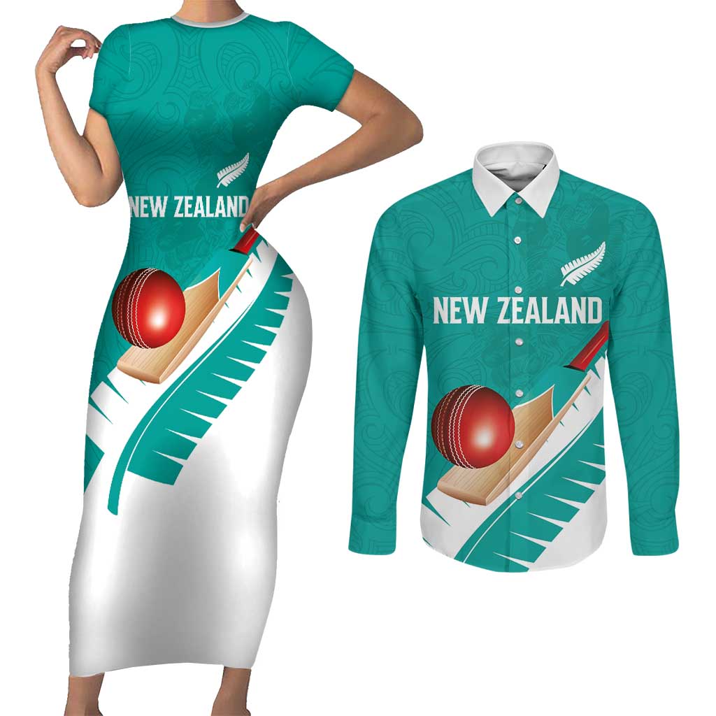 Custom New Zealand Cricket Couples Matching Short Sleeve Bodycon Dress and Long Sleeve Button Shirt Kiwi Birds Haka Dance Turquoise Fern Sporty Style LT03 Turquoise - Polynesian Pride