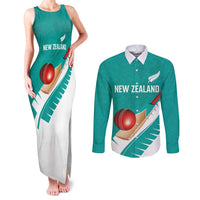 Custom New Zealand Cricket Couples Matching Tank Maxi Dress and Long Sleeve Button Shirt Kiwi Birds Haka Dance Turquoise Fern Sporty Style LT03 Turquoise - Polynesian Pride