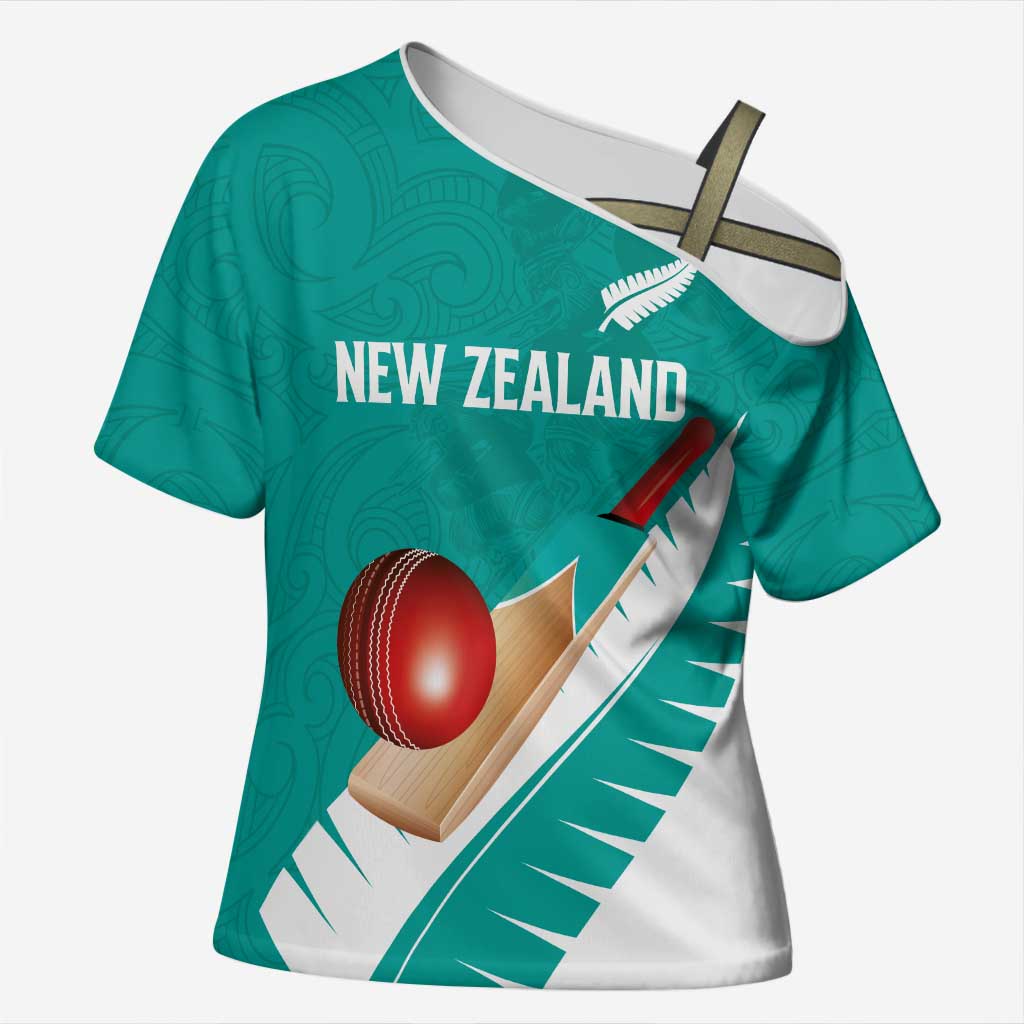 Custom New Zealand Cricket Cross Shoulder Shirt Kiwi Birds Haka Dance Turquoise Fern Sporty Style LT03 Female Turquoise - Polynesian Pride