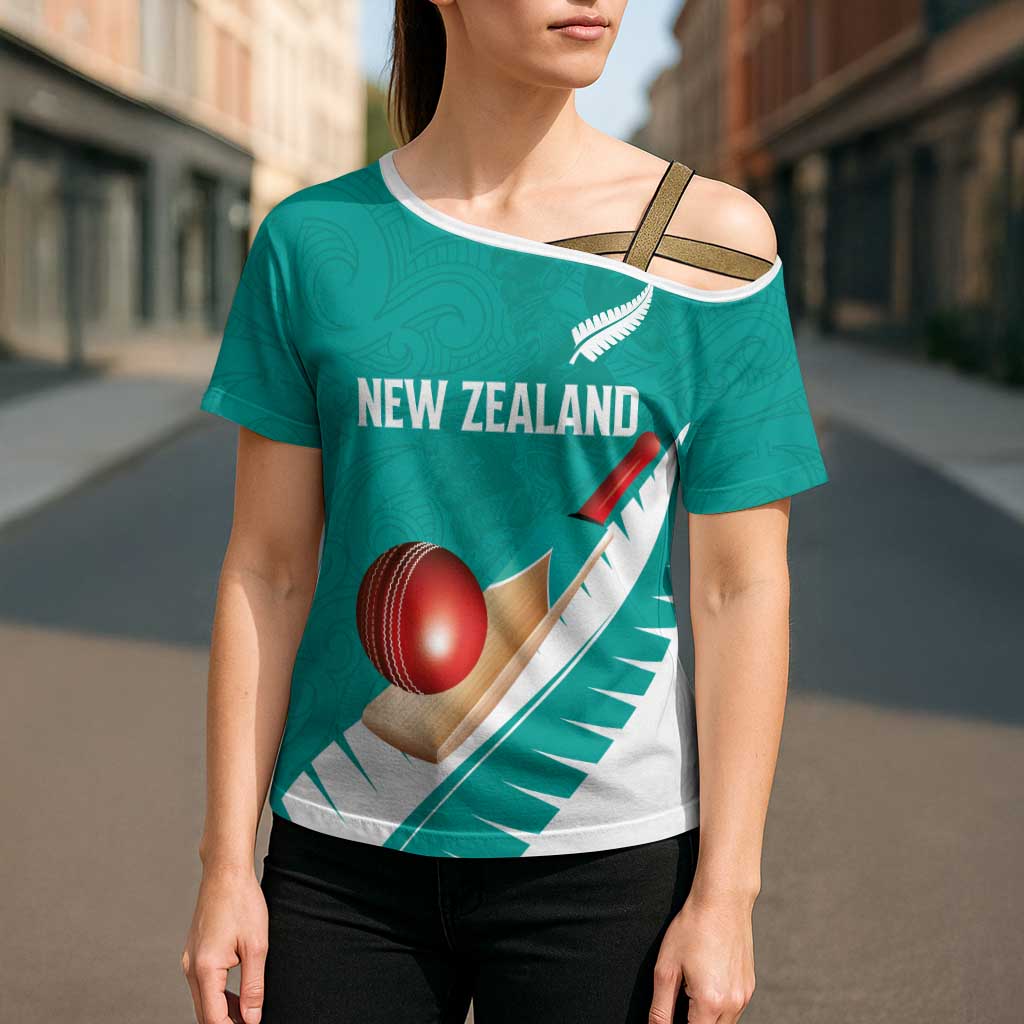 Custom New Zealand Cricket Cross Shoulder Shirt Kiwi Birds Haka Dance Turquoise Fern Sporty Style LT03 - Polynesian Pride