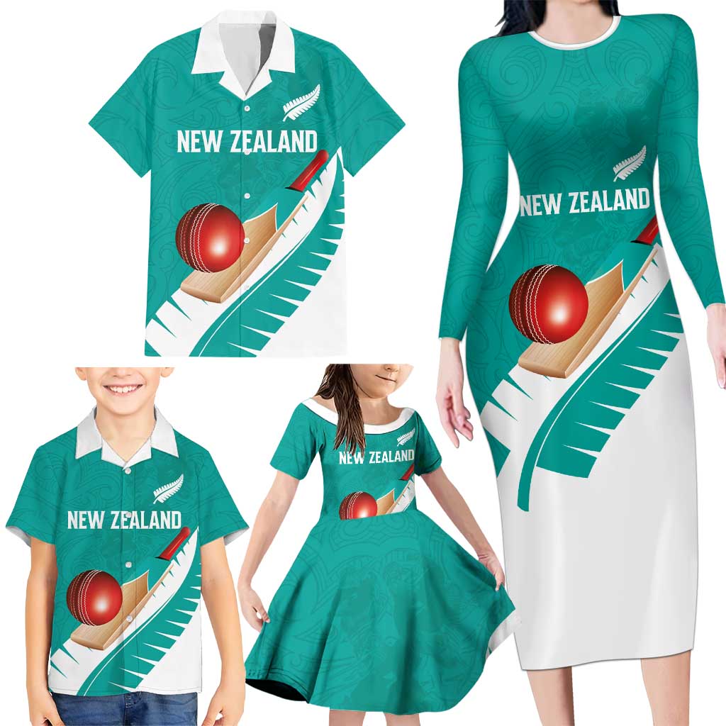 Custom New Zealand Cricket Family Matching Long Sleeve Bodycon Dress and Hawaiian Shirt Kiwi Birds Haka Dance Turquoise Fern Sporty Style LT03 - Polynesian Pride