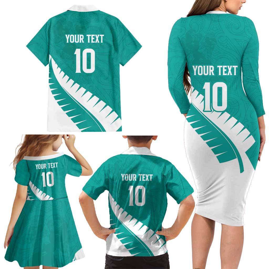 Custom New Zealand Cricket Family Matching Long Sleeve Bodycon Dress and Hawaiian Shirt Kiwi Birds Haka Dance Turquoise Fern Sporty Style LT03 - Polynesian Pride