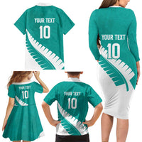 Custom New Zealand Cricket Family Matching Long Sleeve Bodycon Dress and Hawaiian Shirt Kiwi Birds Haka Dance Turquoise Fern Sporty Style LT03 - Polynesian Pride
