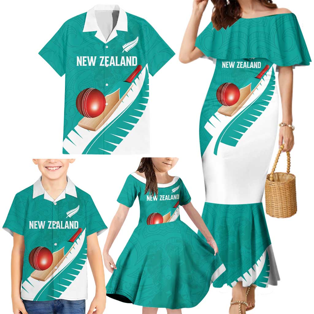 Custom New Zealand Cricket Family Matching Mermaid Dress and Hawaiian Shirt Kiwi Birds Haka Dance Turquoise Fern Sporty Style