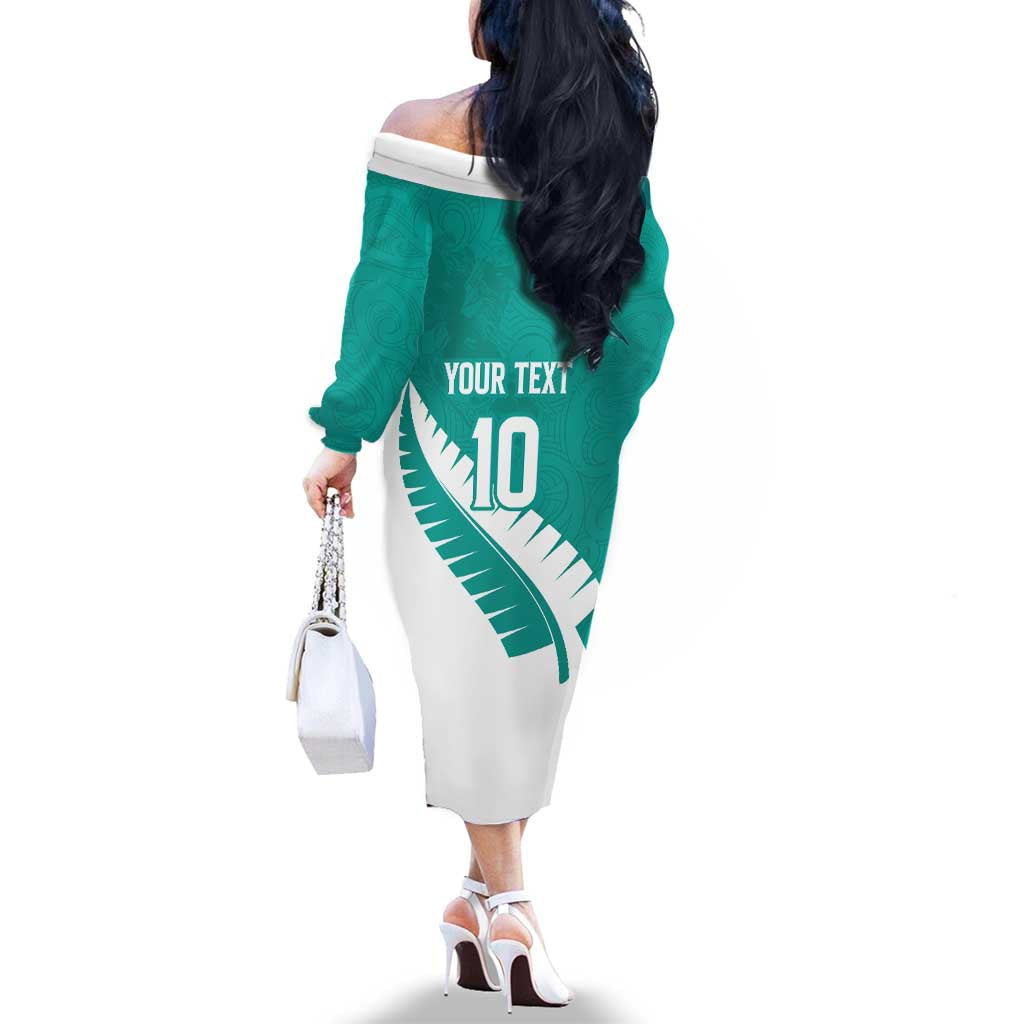 Custom New Zealand Cricket Family Matching Off The Shoulder Long Sleeve Dress and Hawaiian Shirt Kiwi Birds Haka Dance Turquoise Fern Sporty Style LT03 - Polynesian Pride
