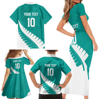 Custom New Zealand Cricket Family Matching Short Sleeve Bodycon Dress and Hawaiian Shirt Kiwi Birds Haka Dance Turquoise Fern Sporty Style LT03 - Polynesian Pride
