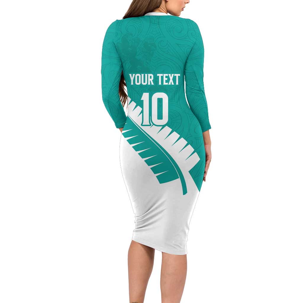 Custom New Zealand Cricket Long Sleeve Bodycon Dress Kiwi Birds Haka Dance Turquoise Fern Sporty Style LT03 - Polynesian Pride