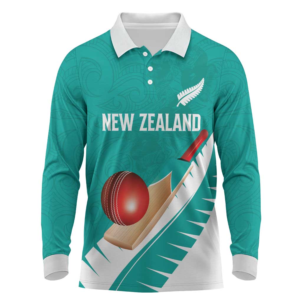 Custom New Zealand Cricket Long Sleeve Polo Shirt Kiwi Birds Haka Dance Turquoise Fern Sporty Style LT03 Turquoise - Polynesian Pride