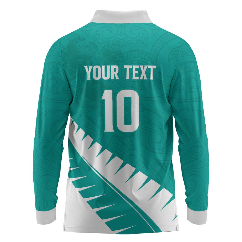 Custom New Zealand Cricket Long Sleeve Polo Shirt Kiwi Birds Haka Dance Turquoise Fern Sporty Style LT03 - Polynesian Pride