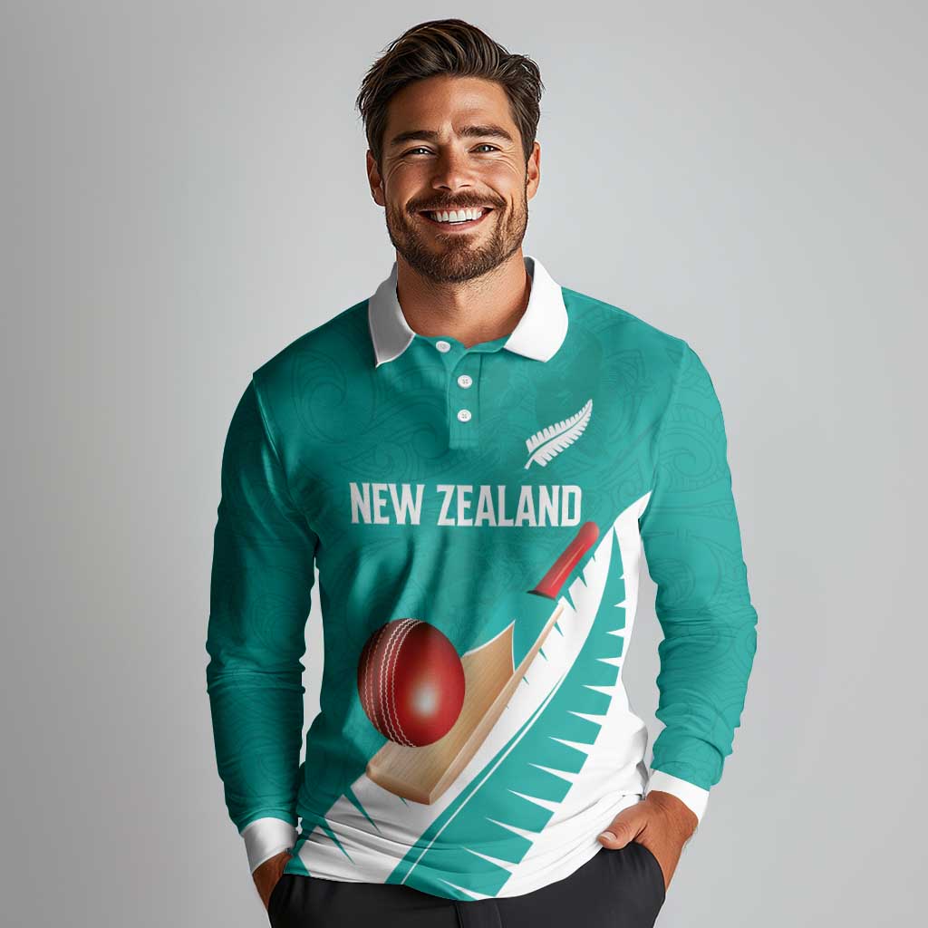 Custom New Zealand Cricket Long Sleeve Polo Shirt Kiwi Birds Haka Dance Turquoise Fern Sporty Style LT03 - Polynesian Pride