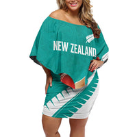 Custom New Zealand Cricket Off Shoulder Short Dress Kiwi Birds Haka Dance Turquoise Fern Sporty Style LT03 Women Turquoise - Polynesian Pride