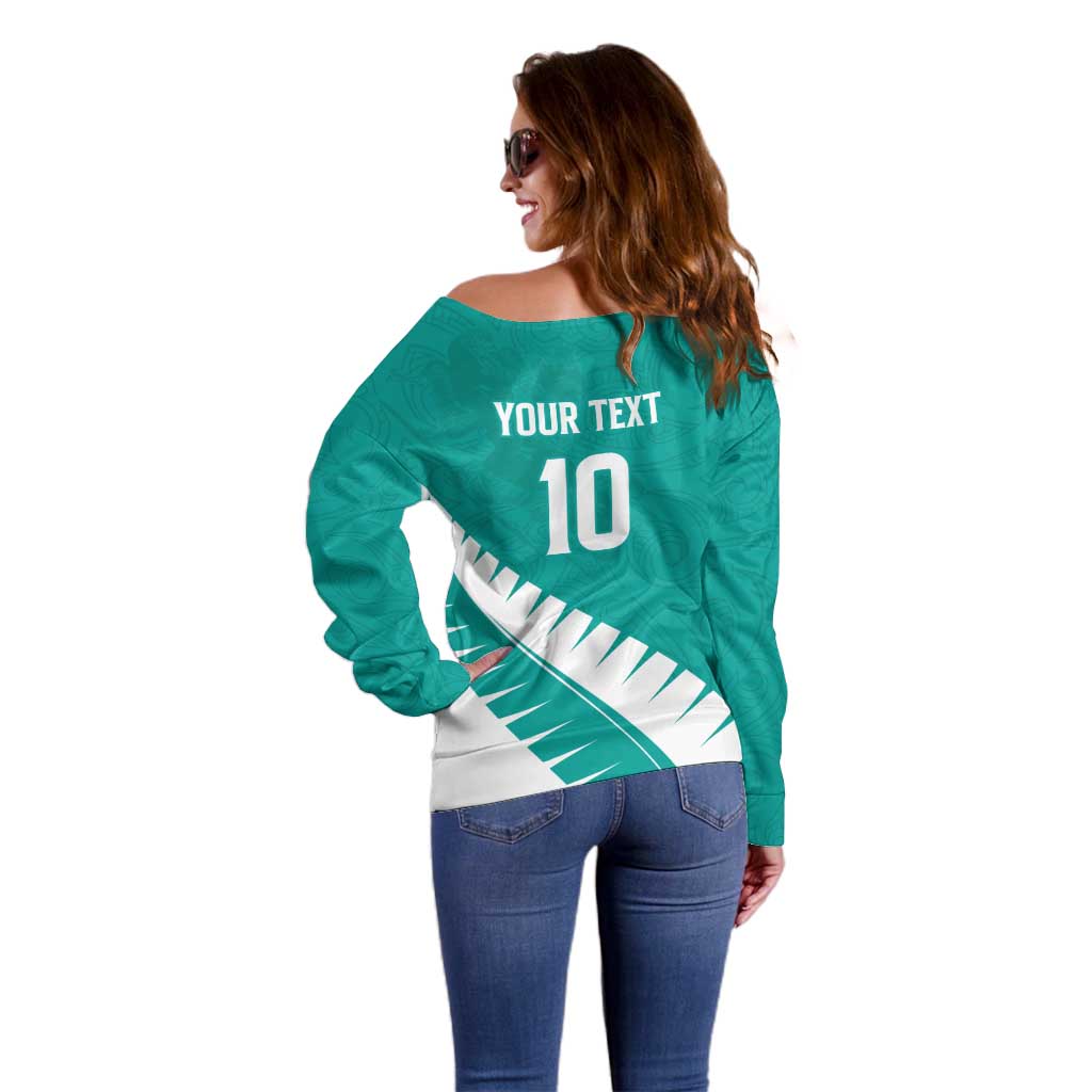 Custom New Zealand Cricket Off Shoulder Sweater Kiwi Birds Haka Dance Turquoise Fern Sporty Style LT03 - Polynesian Pride