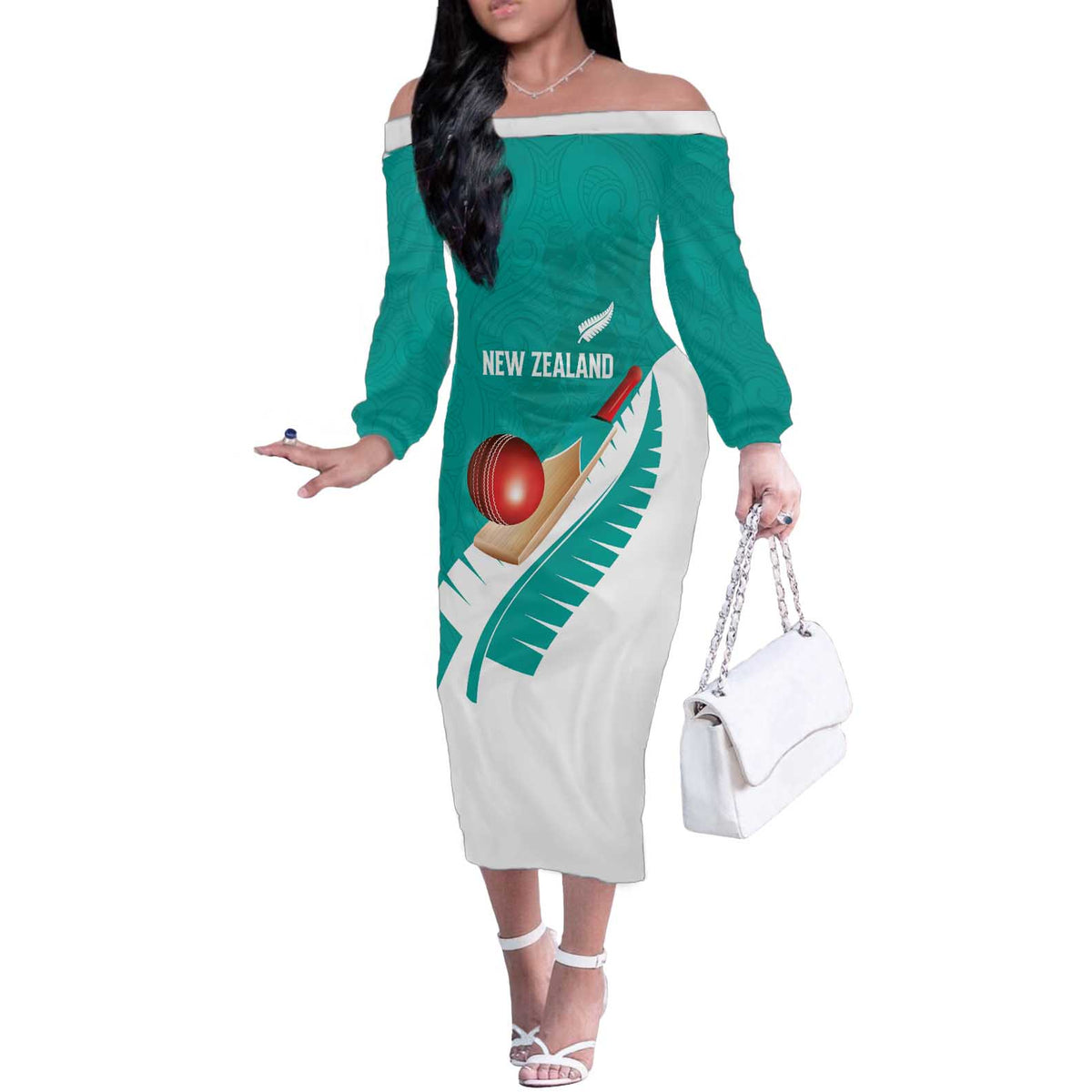 Custom New Zealand Cricket Off The Shoulder Long Sleeve Dress Kiwi Birds Haka Dance Turquoise Fern Sporty Style LT03 Women Turquoise - Polynesian Pride