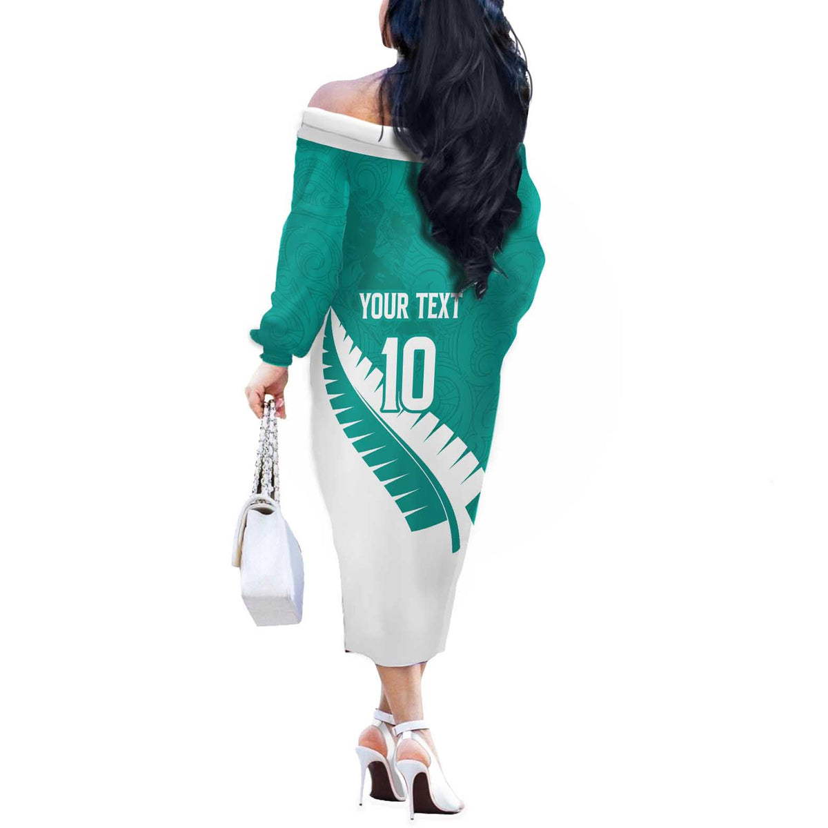 Custom New Zealand Cricket Off The Shoulder Long Sleeve Dress Kiwi Birds Haka Dance Turquoise Fern Sporty Style LT03 - Polynesian Pride