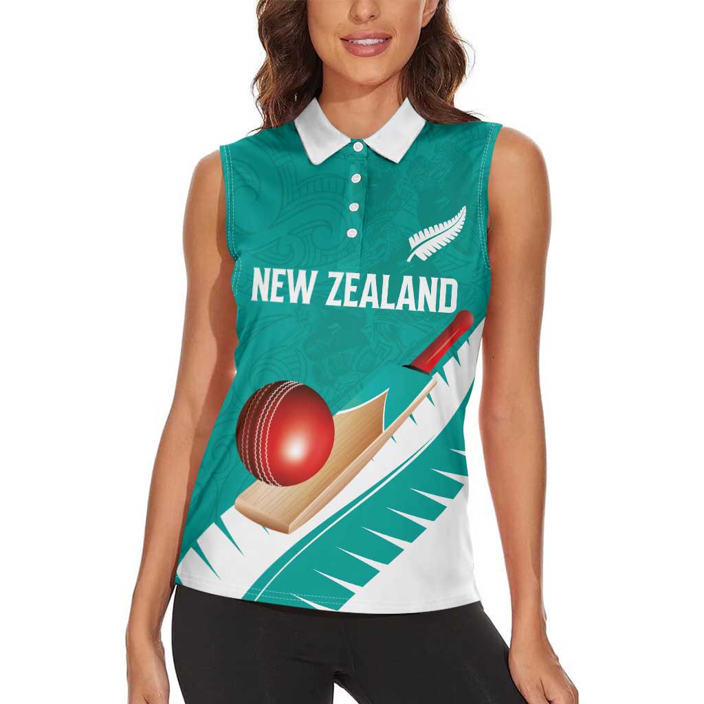 Custom New Zealand Cricket Women Sleeveless Polo Shirt Kiwi Birds Haka Dance Turquoise Fern Sporty Style LT03 - Polynesian Pride