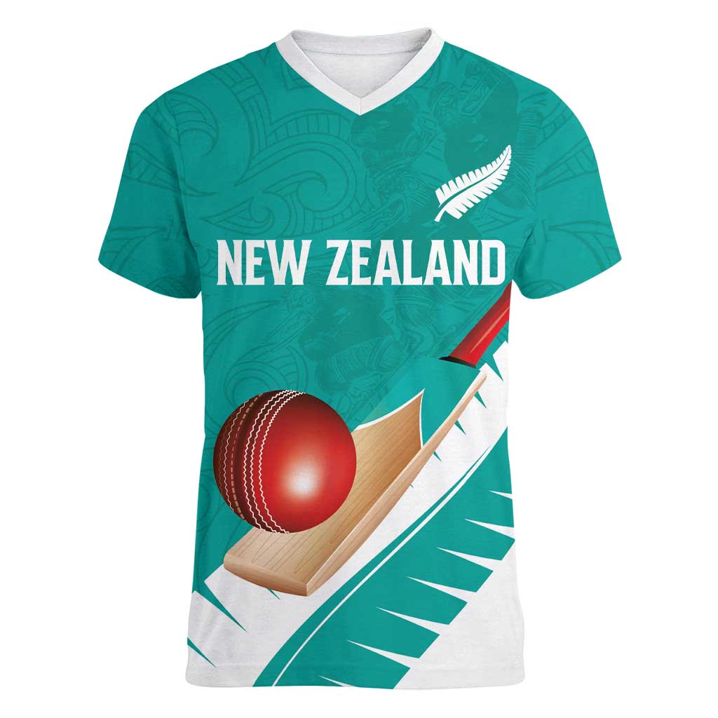 Custom New Zealand Cricket Women V-Neck T-Shirt Kiwi Birds Haka Dance Turquoise Fern Sporty Style LT03 Female Turquoise - Polynesian Pride