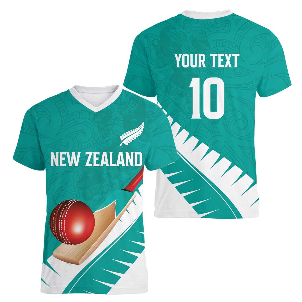 Custom New Zealand Cricket Women V-Neck T-Shirt Kiwi Birds Haka Dance Turquoise Fern Sporty Style LT03 - Polynesian Pride