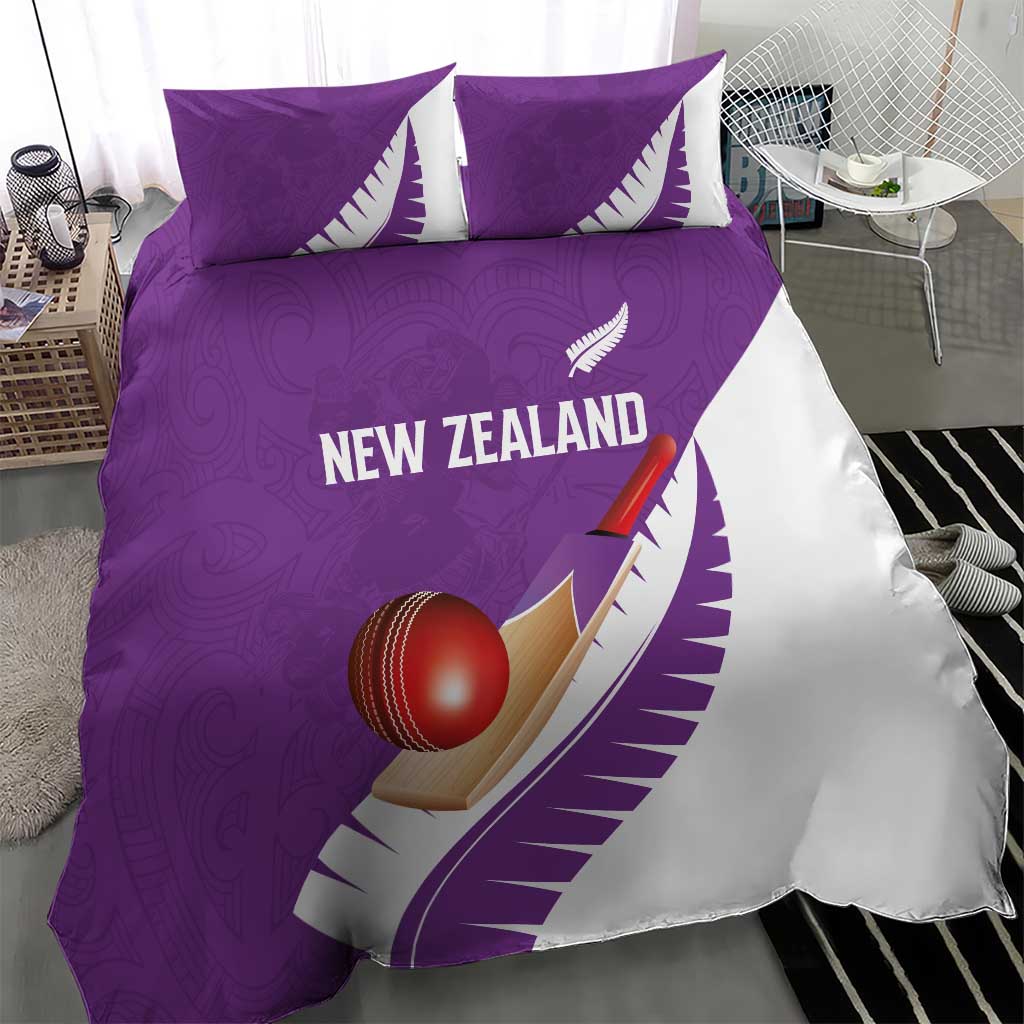 New Zealand Cricket Bedding Set Kiwi Birds Haka Dance Purple Fern Sporty Style