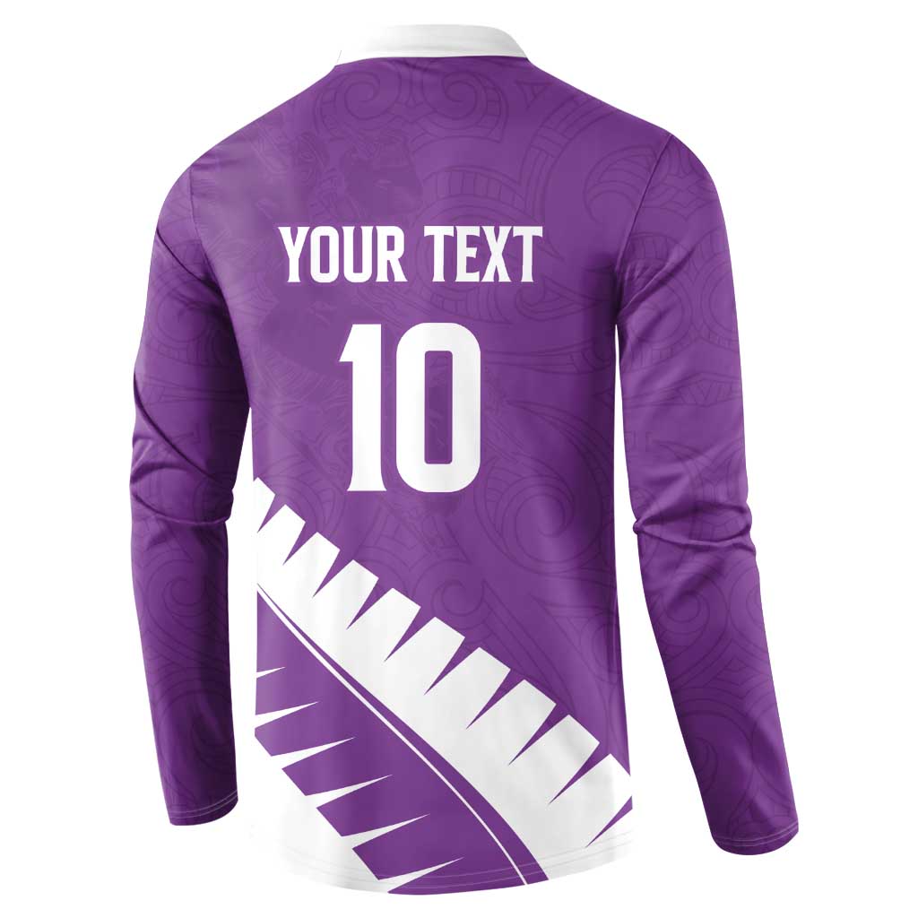 Custom New Zealand Cricket Button Sweatshirt Kiwi Birds Haka Dance Purple Fern Sporty Style