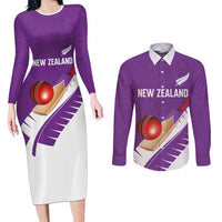 Custom New Zealand Cricket Couples Matching Long Sleeve Bodycon Dress and Long Sleeve Button Shirt Kiwi Birds Haka Dance Purple Fern Sporty Style LT03 Purple - Polynesian Pride