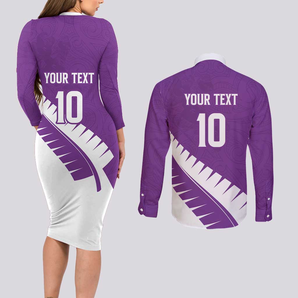 Custom New Zealand Cricket Couples Matching Long Sleeve Bodycon Dress and Long Sleeve Button Shirt Kiwi Birds Haka Dance Purple Fern Sporty Style LT03 - Polynesian Pride