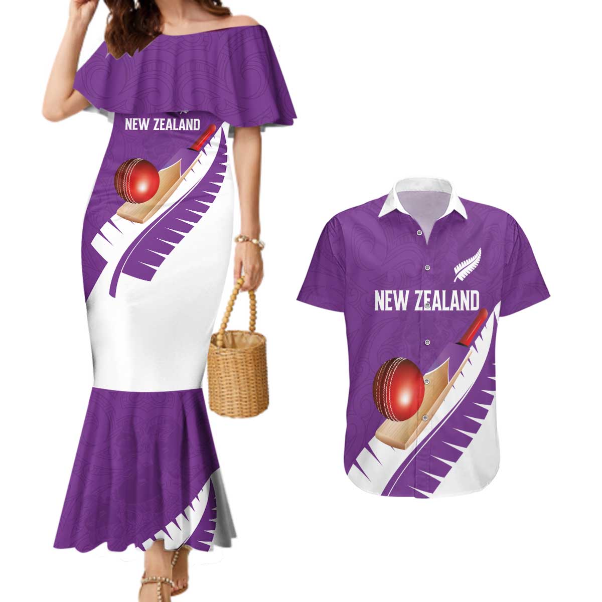 Custom New Zealand Cricket Couples Matching Mermaid Dress and Hawaiian Shirt Kiwi Birds Haka Dance Purple Fern Sporty Style LT03 Purple - Polynesian Pride