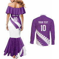 Custom New Zealand Cricket Couples Matching Mermaid Dress and Long Sleeve Button Shirt Kiwi Birds Haka Dance Purple Fern Sporty Style LT03 - Polynesian Pride