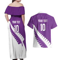 Custom New Zealand Cricket Couples Matching Off Shoulder Maxi Dress and Hawaiian Shirt Kiwi Birds Haka Dance Purple Fern Sporty Style LT03 - Polynesian Pride