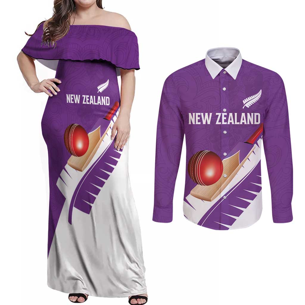 Custom New Zealand Cricket Couples Matching Off Shoulder Maxi Dress and Long Sleeve Button Shirt Kiwi Birds Haka Dance Purple Fern Sporty Style LT03 Purple - Polynesian Pride