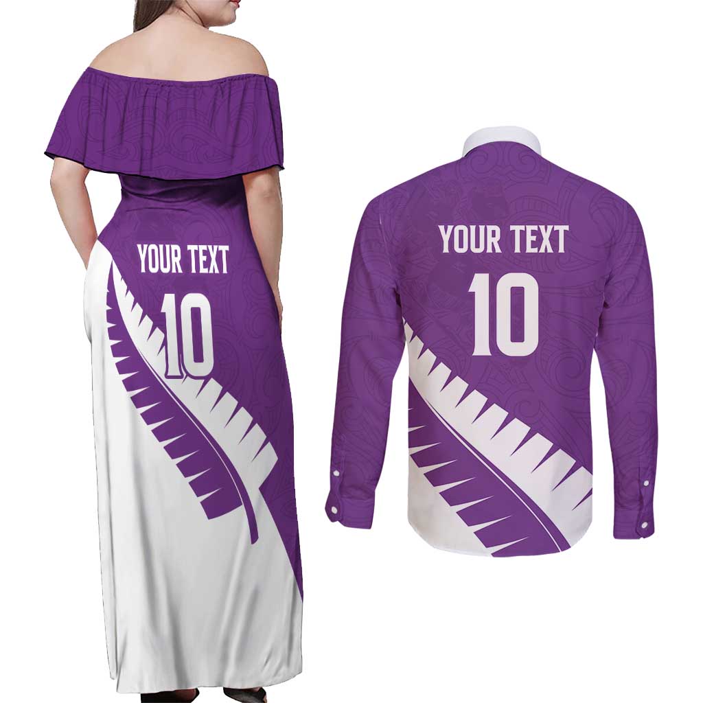Custom New Zealand Cricket Couples Matching Off Shoulder Maxi Dress and Long Sleeve Button Shirt Kiwi Birds Haka Dance Purple Fern Sporty Style LT03 - Polynesian Pride
