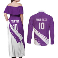 Custom New Zealand Cricket Couples Matching Off Shoulder Maxi Dress and Long Sleeve Button Shirt Kiwi Birds Haka Dance Purple Fern Sporty Style LT03 - Polynesian Pride
