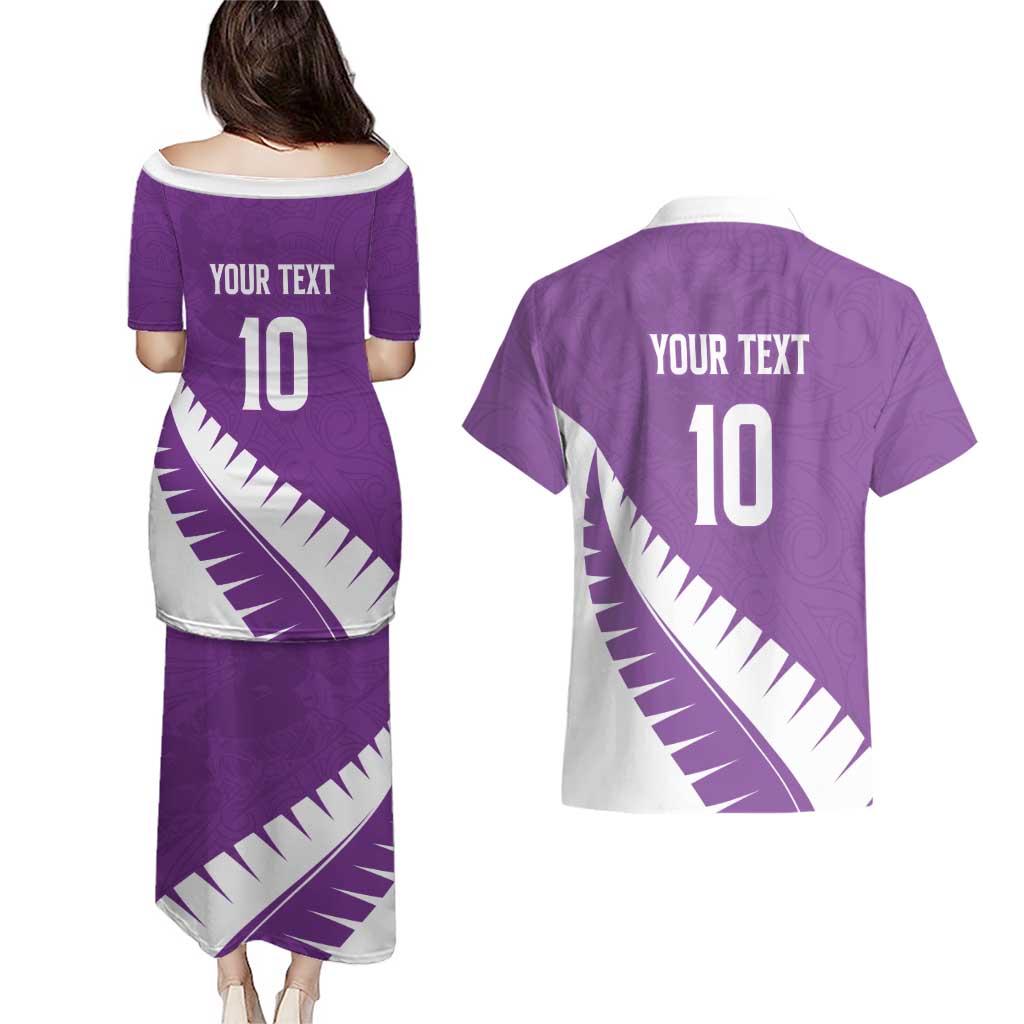 Custom New Zealand Cricket Couples Matching Puletasi and Hawaiian Shirt Kiwi Birds Haka Dance Purple Fern Sporty Style LT03 - Polynesian Pride