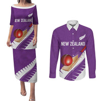 Custom New Zealand Cricket Couples Matching Puletasi and Long Sleeve Button Shirt Kiwi Birds Haka Dance Purple Fern Sporty Style LT03 Purple - Polynesian Pride