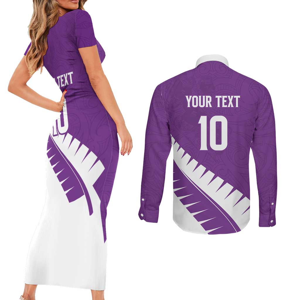 Custom New Zealand Cricket Couples Matching Short Sleeve Bodycon Dress and Long Sleeve Button Shirt Kiwi Birds Haka Dance Purple Fern Sporty Style LT03 - Polynesian Pride