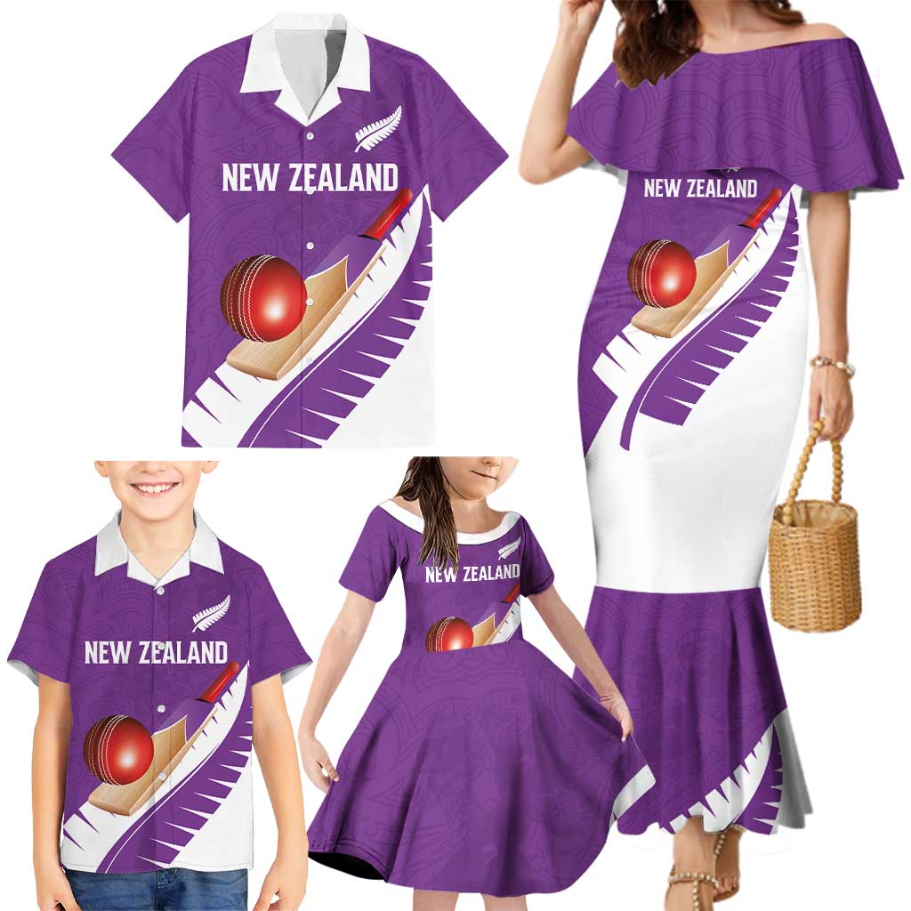 Custom New Zealand Cricket Family Matching Mermaid Dress and Hawaiian Shirt Kiwi Birds Haka Dance Purple Fern Sporty Style LT03 - Polynesian Pride