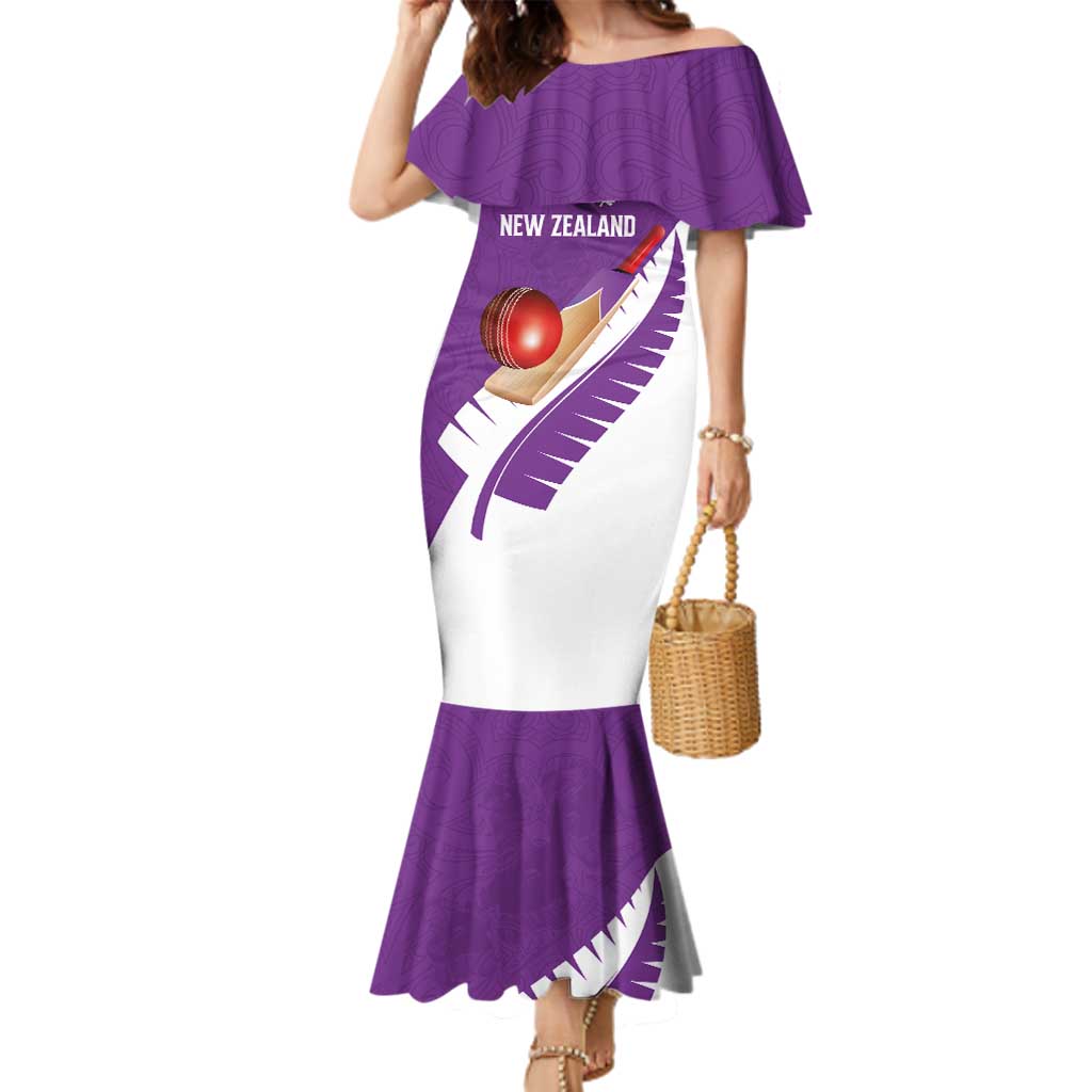 Custom New Zealand Cricket Family Matching Mermaid Dress and Hawaiian Shirt Kiwi Birds Haka Dance Purple Fern Sporty Style LT03 Mom's Dress Purple - Polynesian Pride