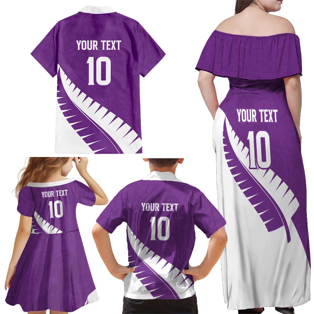 Custom New Zealand Cricket Family Matching Off Shoulder Maxi Dress and Hawaiian Shirt Kiwi Birds Haka Dance Purple Fern Sporty Style LT03 - Polynesian Pride