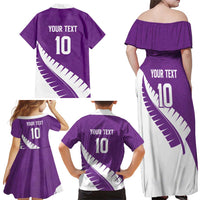 Custom New Zealand Cricket Family Matching Off Shoulder Maxi Dress and Hawaiian Shirt Kiwi Birds Haka Dance Purple Fern Sporty Style LT03 - Polynesian Pride