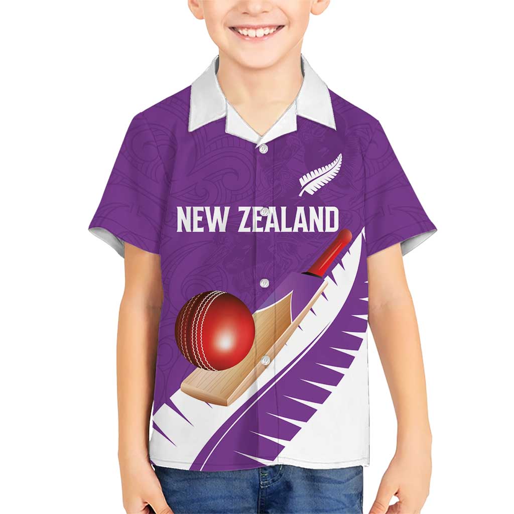 Custom New Zealand Cricket Family Matching Off Shoulder Maxi Dress and Hawaiian Shirt Kiwi Birds Haka Dance Purple Fern Sporty Style LT03 Son's Shirt Purple - Polynesian Pride
