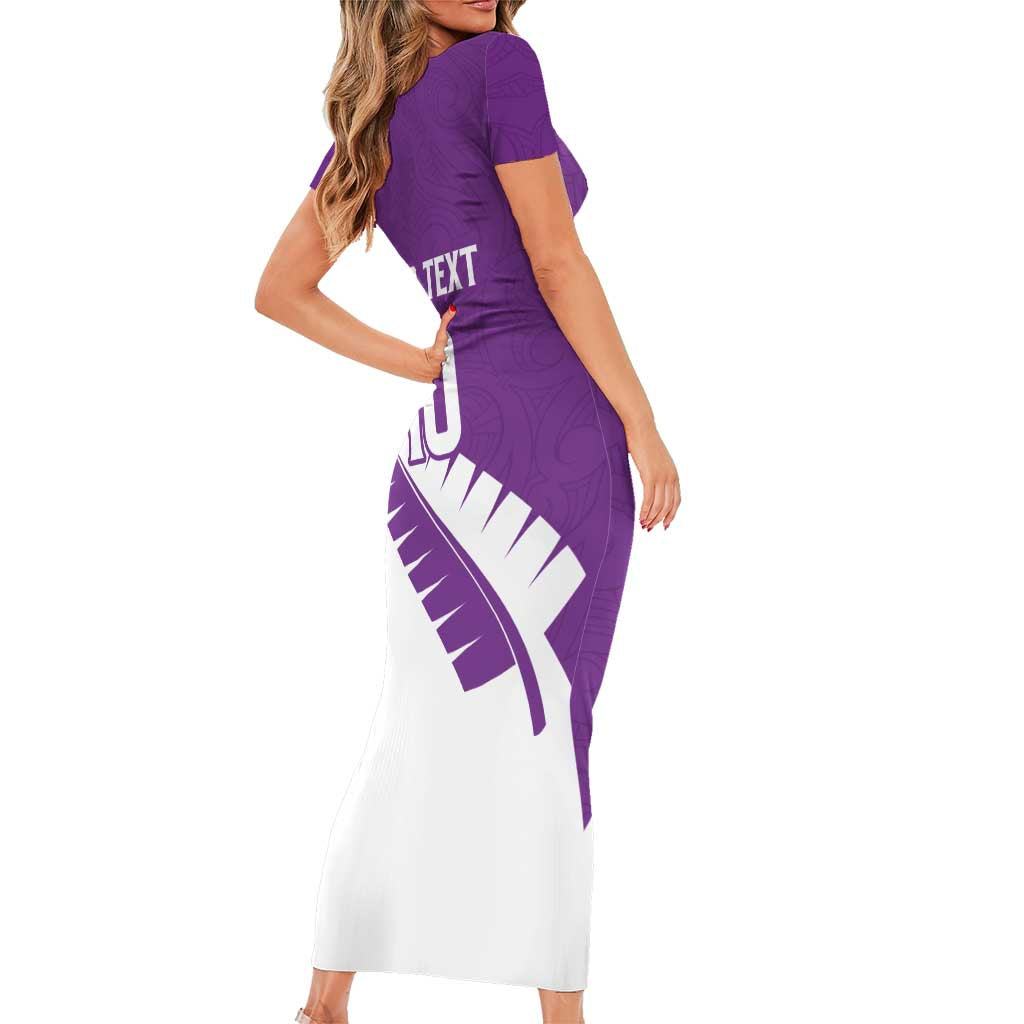 Custom New Zealand Cricket Family Matching Short Sleeve Bodycon Dress and Hawaiian Shirt Kiwi Birds Haka Dance Purple Fern Sporty Style LT03 - Polynesian Pride