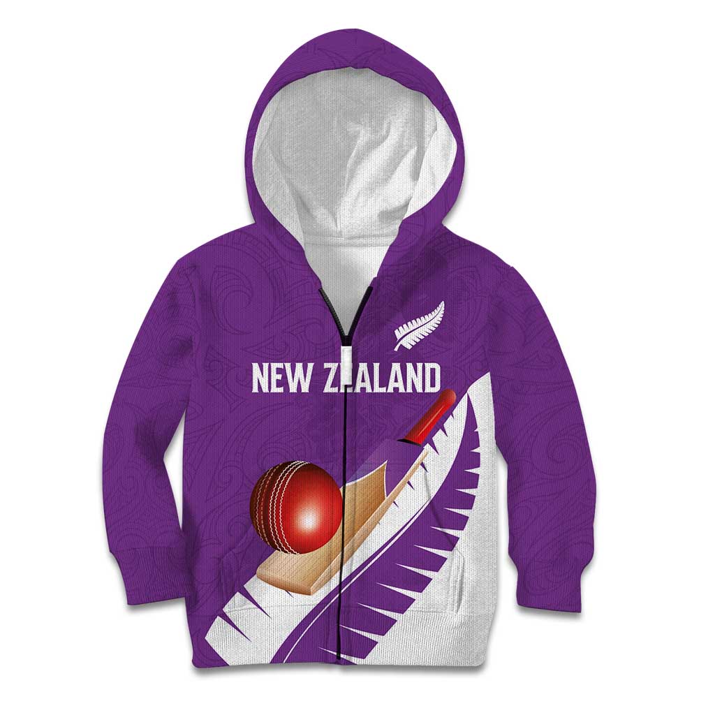 Custom New Zealand Cricket Kid Hoodie Kiwi Birds Haka Dance Purple Fern Sporty Style LT03 Zip Hoodie Purple - Polynesian Pride