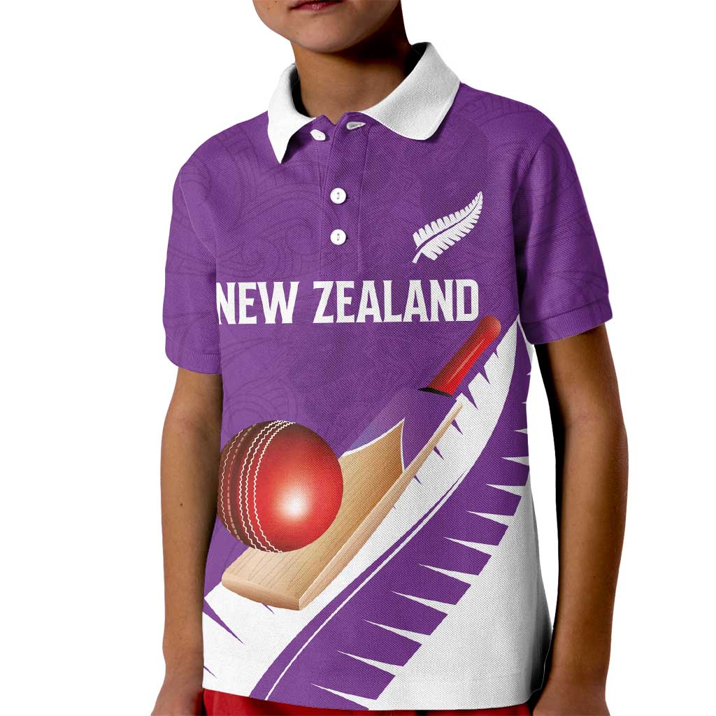 Custom New Zealand Cricket Kid Polo Shirt Kiwi Birds Haka Dance Purple Fern Sporty Style LT03 Kid Purple - Polynesian Pride