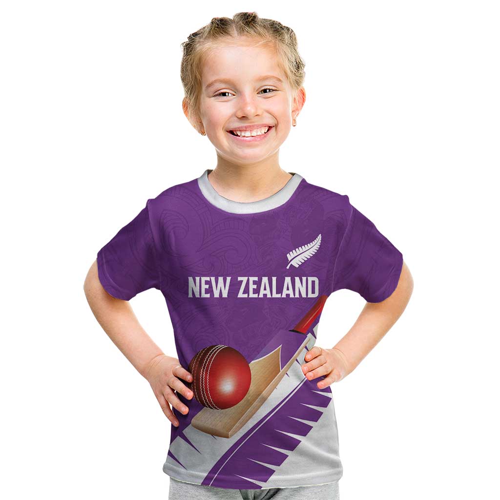 Custom New Zealand Cricket Kid T Shirt Kiwi Birds Haka Dance Purple Fern Sporty Style LT03 Purple - Polynesian Pride