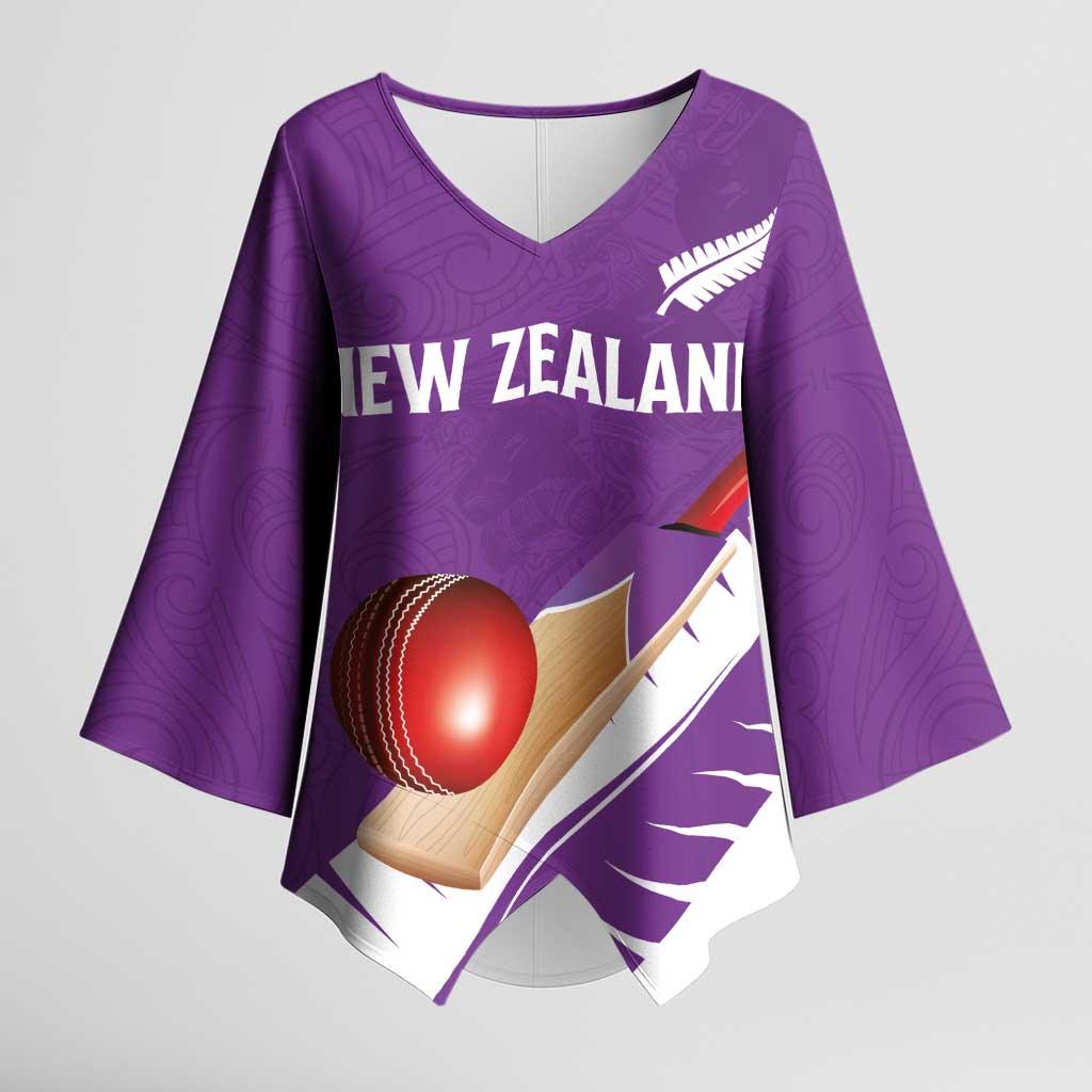 Custom New Zealand Cricket Kimono Sleeve Blouse Kiwi Birds Haka Dance Purple Fern Sporty Style LT03 Female Purple - Polynesian Pride