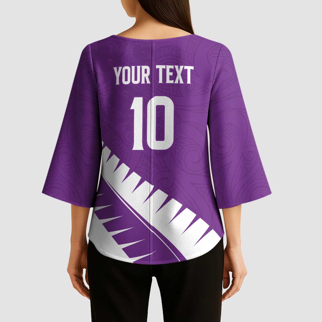 Custom New Zealand Cricket Kimono Sleeve Blouse Kiwi Birds Haka Dance Purple Fern Sporty Style LT03 - Polynesian Pride