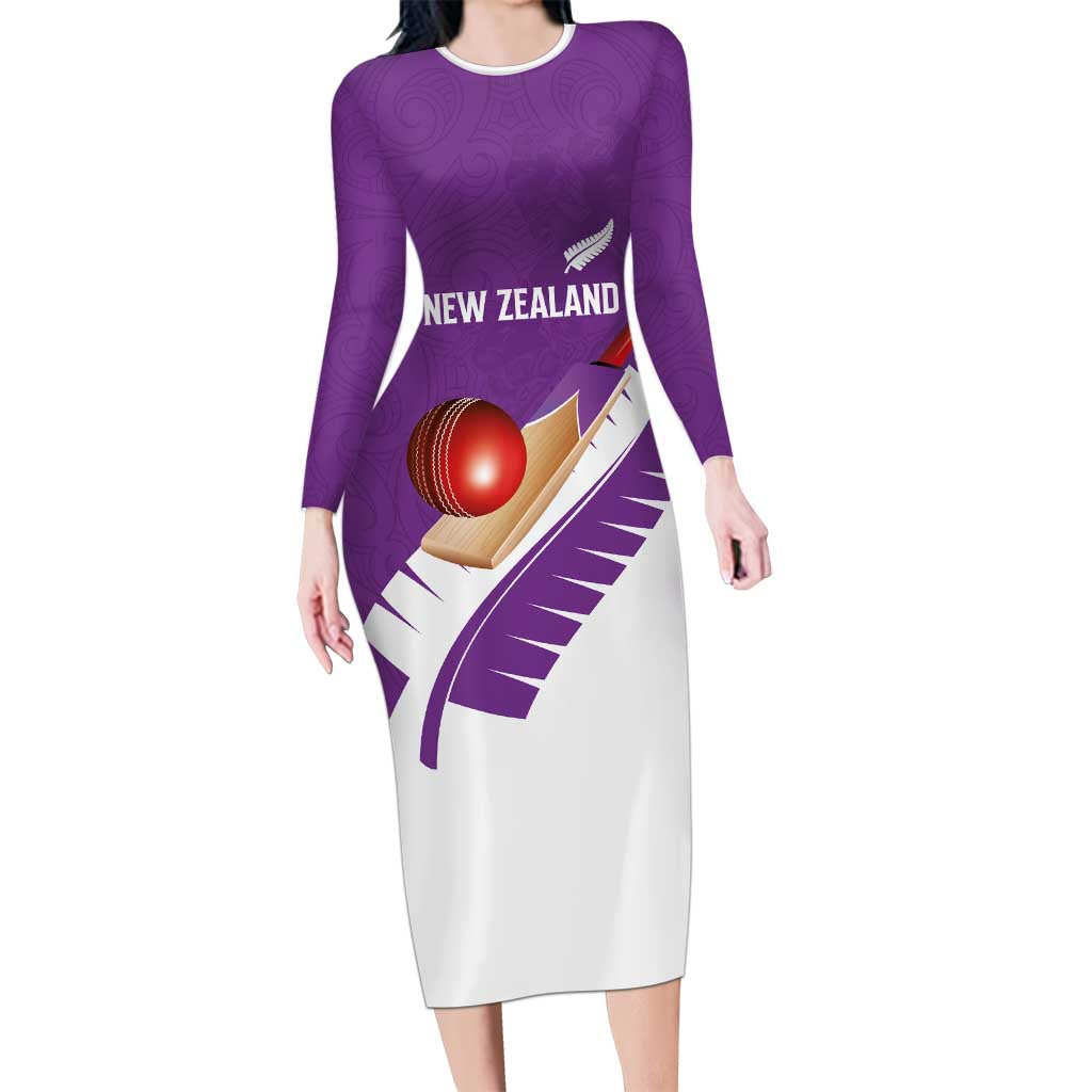 Custom New Zealand Cricket Long Sleeve Bodycon Dress Kiwi Birds Haka Dance Purple Fern Sporty Style LT03 Long Dress Purple - Polynesian Pride