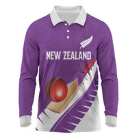 Custom New Zealand Cricket Long Sleeve Polo Shirt Kiwi Birds Haka Dance Purple Fern Sporty Style LT03 Purple - Polynesian Pride