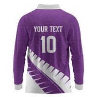 Custom New Zealand Cricket Long Sleeve Polo Shirt Kiwi Birds Haka Dance Purple Fern Sporty Style LT03 - Polynesian Pride